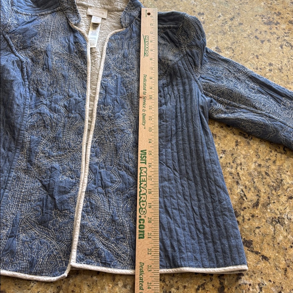 Quilted Paisley Brocade Floral chambray Open Front y2k Jacket coat Medium Chicos - Picture 8 of 8